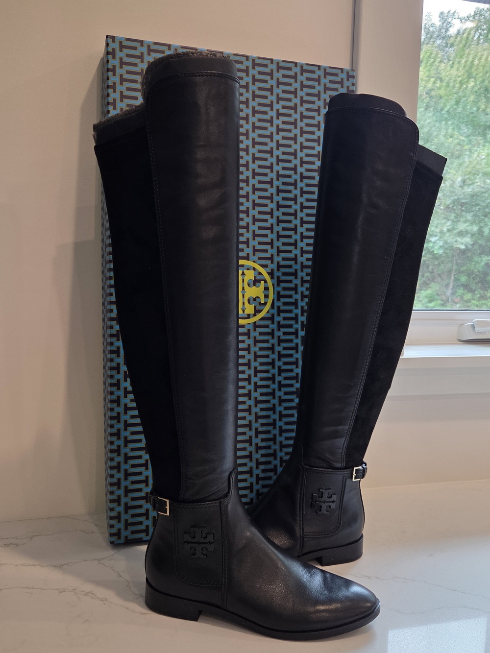 Tory Burch Black Leather & Suede Riding Boots